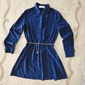Amanda Uprichard Silk Royal Blue Smocked Button Down Collared Mini Dress